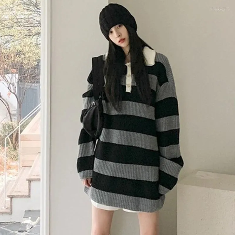 Women's Sweaters Women Black Grey Striped Thick Dress 2023 Winter Lady Polo Neck Full Sleeve Long Pullovers Jumpers Knitted Vestidos