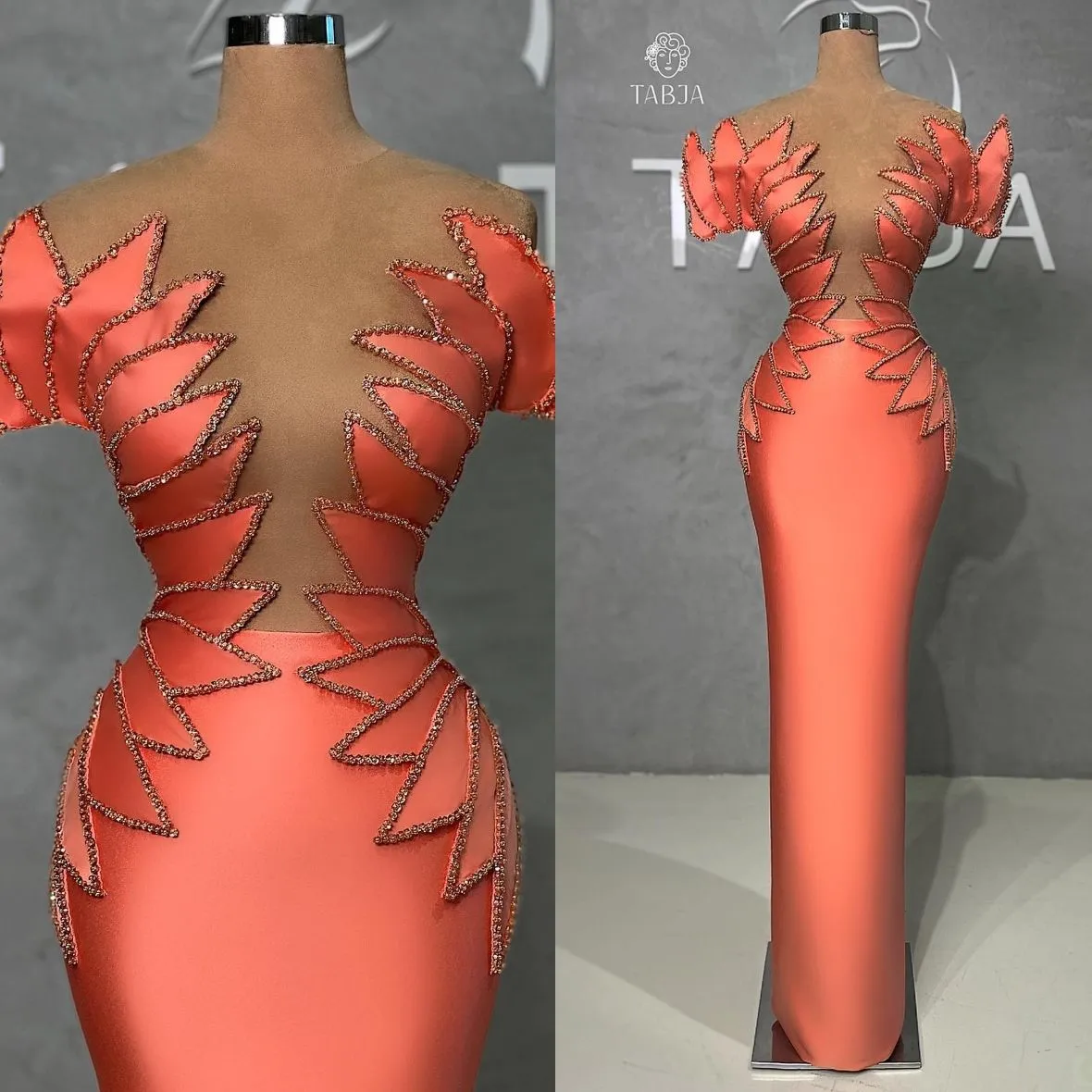 Fashion Orange Mermaid Prom Dresses Sheer V Neck Party Dresses Beading Unik skräddarsydd aftonklänning