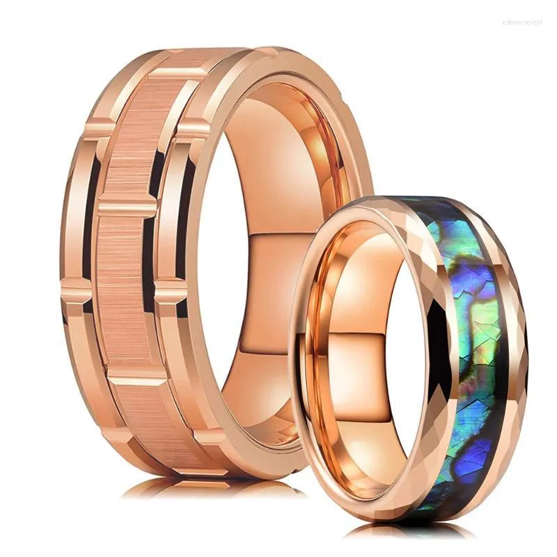 Wedding Rings Fashion 8mm Colorful Abalone Shell Inlay Tungsten Ring For Men Women Rose Gold Double Groove Brick Pattern Brushed Edwi22