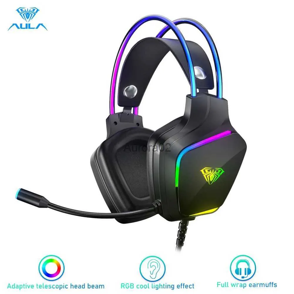 Mobiltelefonörlurar Aula S502 Gaming Headset RGB Head Beam Cool Lighting Effect Microphone HD Calling Lightweight Design för PC -bärbara datorer YQ231120