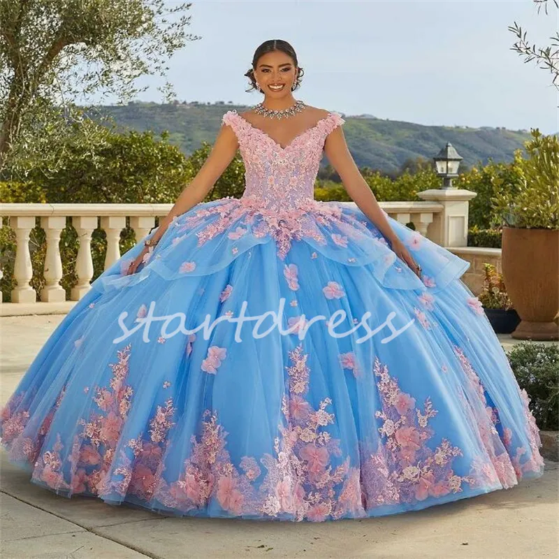 Prinzessin blaues Quinceanera-Kleid mit rosa Blumen, sexy V-Ausschnitt, Kleid für 16. Geburtstag, Schnür-Ballkleid, Festzug-Abschlussballkleid 2024, Vestidos de 15 Anos, Partykleid für den 16. Geburtstag