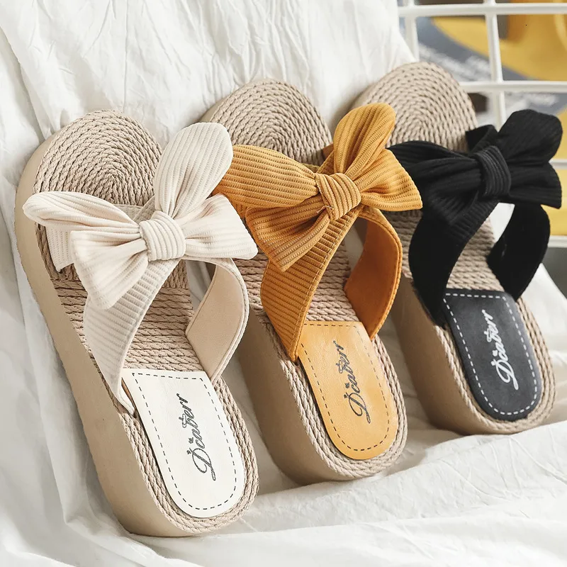 Platform zomer boog mode wiggen hennep slippers indoor buiten strand dia's hoge hakken dames schoenen schoenen slippers 2 68