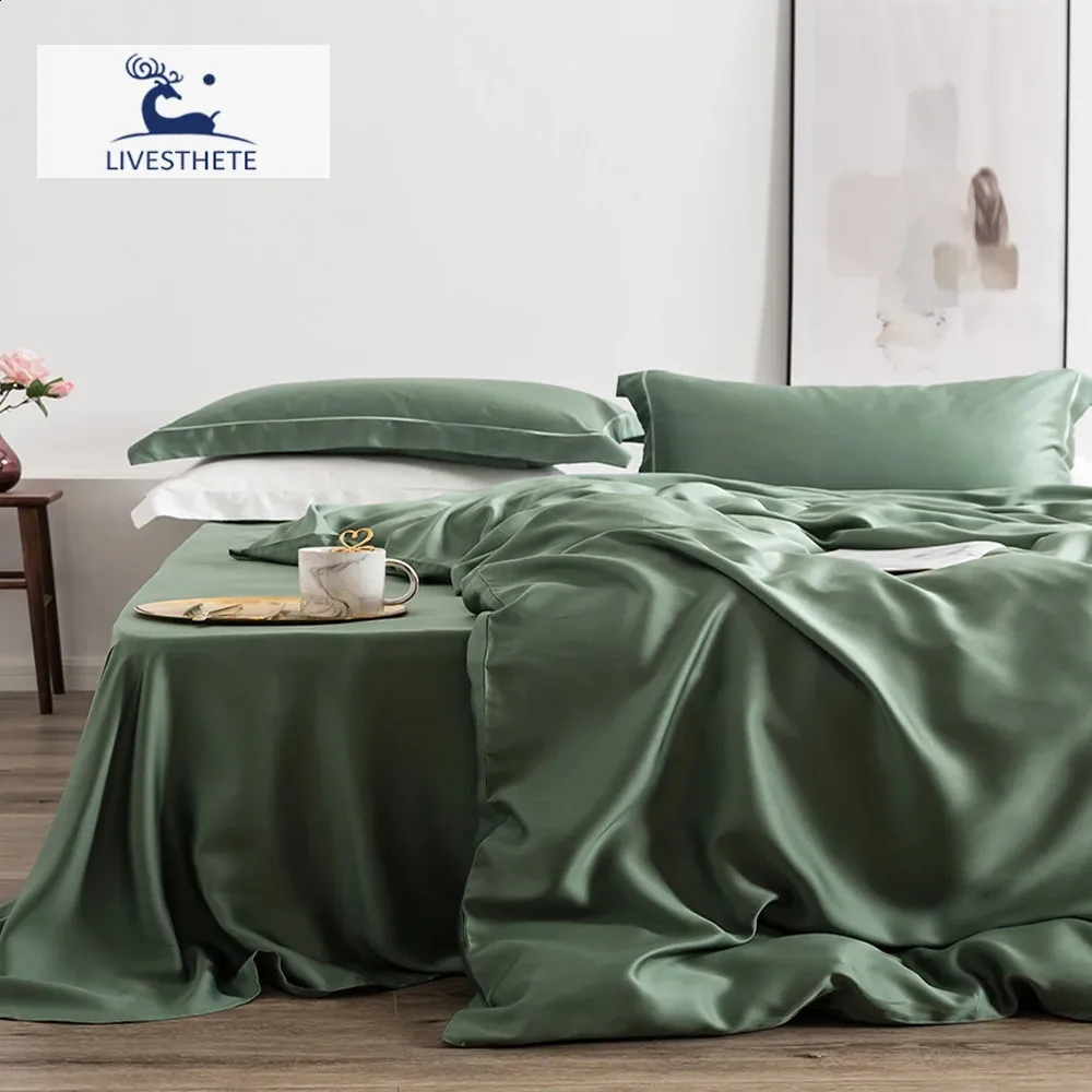 Ensembles de literie LivEsthete 100% soie vert ensemble de literie mûrier 25 Momme draps de lit en soie beauté housse de couette ensemble taie d'oreiller reine roi parure de lit 231118