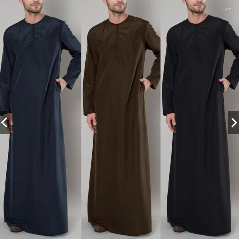 Etnische Kleding Ronde Hals Abaya Effen Kleur Abaya Moslim Man Pakistan Mannen Saudi Jurk Arabische Dubai Qamis Losse Gewaad Lange Mouw Aipper