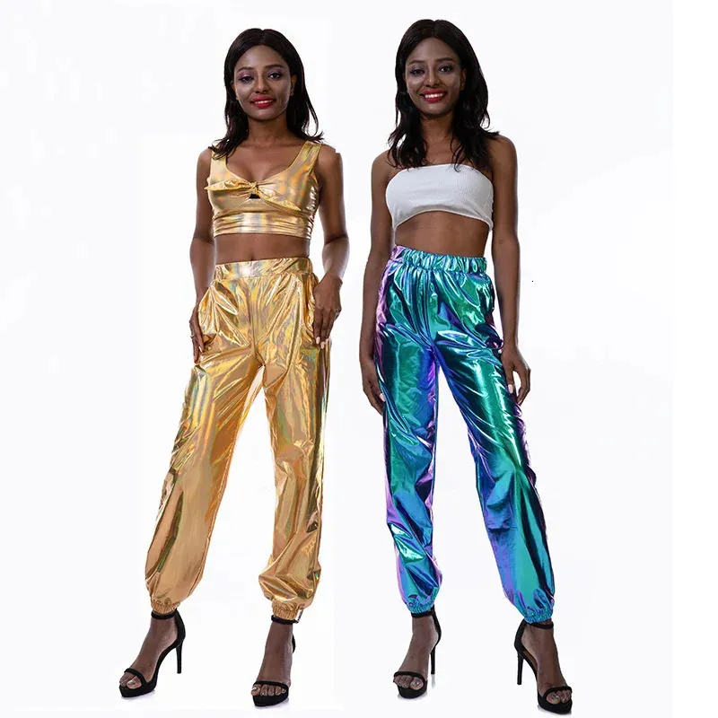 Damesbroeken Hoge taille Metallic glanzende jogger Casual holografische kleur Streetwear Broek Mode Smoothy Reflecterend Hip Hop 231120
