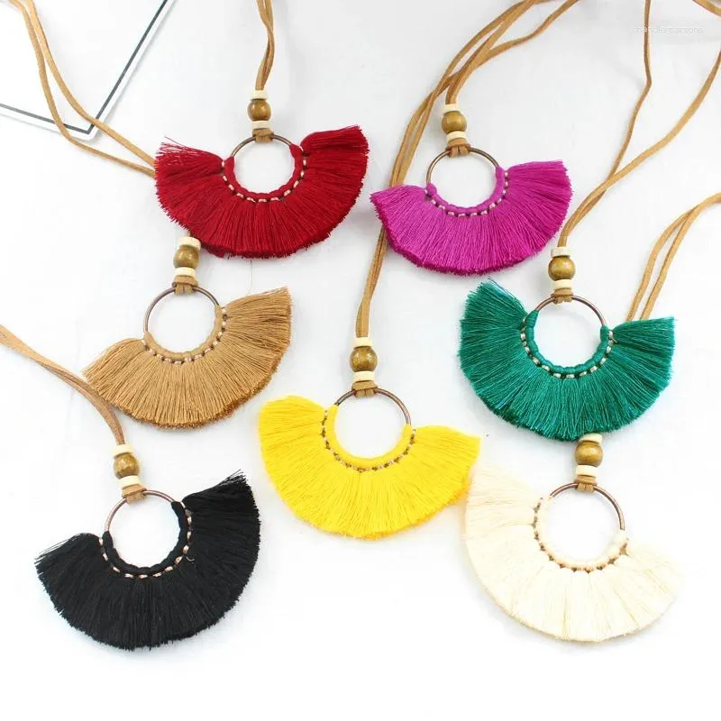 Pendant Necklaces Bohemian Metal Fan Shaped Tassel Necklace For Women Jewelry National Wind Fringe Cotton Long