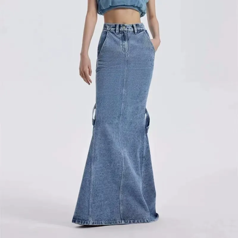 Юбки мода открытая длинная юбка 2023 Летняя рыбная хвост с высокой талией тощая джинсовая половина тела y2kwomen 230420