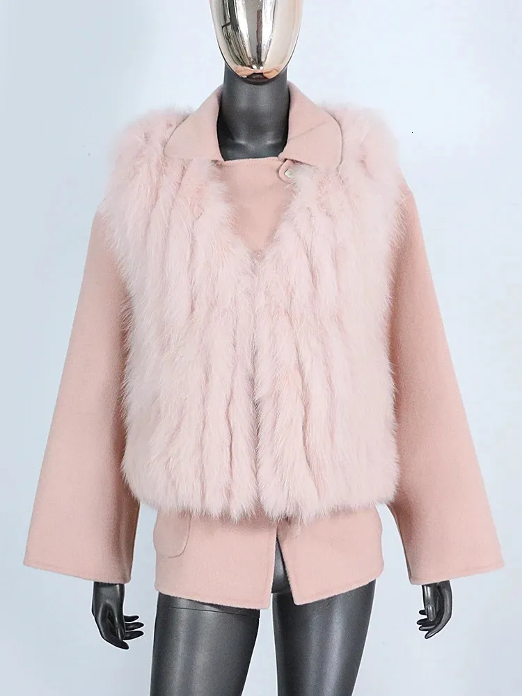 Mulheres para baixo parkas colete de pele real jaqueta de inverno feminino lã natural cashmere mistura casaco destacável quente moda casual vneck 231120
