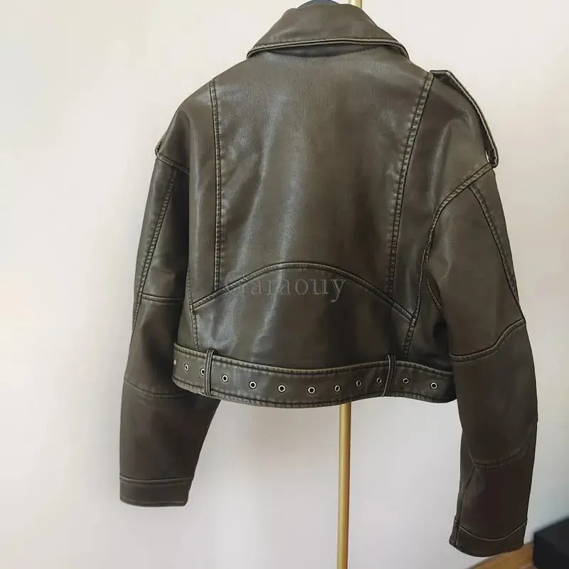 Chic Faux Leather Short Jacket with Belt for Women - Black