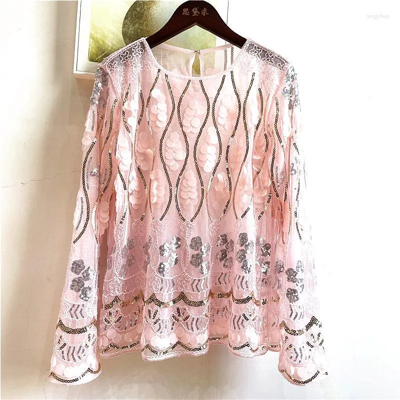 Women's Blouses Women's Shirt 2023 Long-Sleeved Perspective Everything Floral Nailed Beaded Sequin Mesh Gauze Crewneck Top