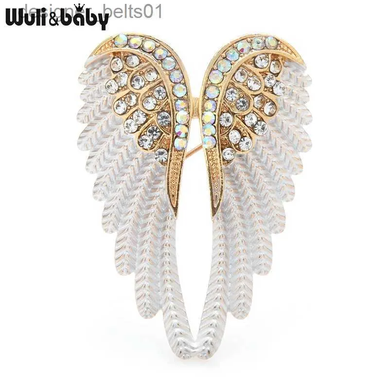 Pins Brooches Wuli baby Classic Rhinestone Angel Wings Brooch Pins 3 Colors 2021 Sparkling Jewelry Gift Feather Designer BroochesL231120