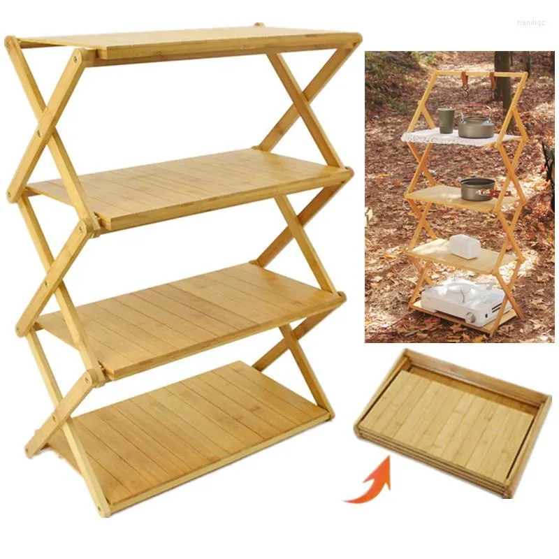 Camp Meubles Esjort pliant extérieur Rack de rangement à 4 couches Multi-fonction Portable Randable Pliant Camping Pique-Nique Assemblée Bamboo Tableau de table