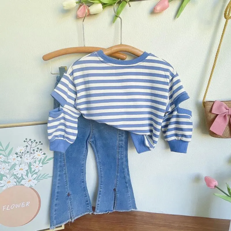 Clothing Sets Autumn Spring Girls 1-7 Years 2pc Stripes Navy Casual Sweater Pants Chidlren Suit For Kids