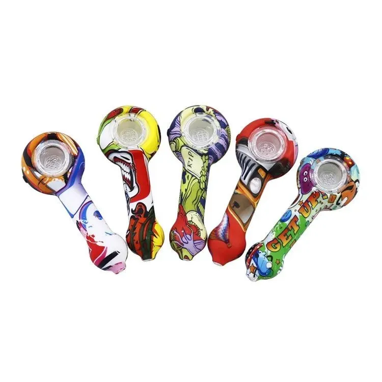 4.23 inches Portable Colored Silicone Pipe Printing Smoking Pipe Aliens Skull Smoking hand pipe oil rig