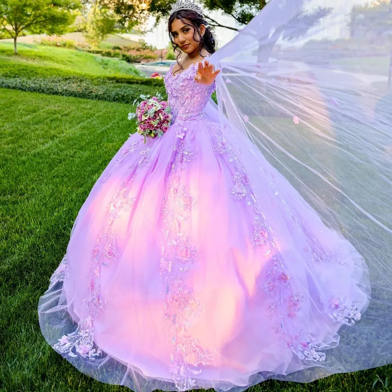 Lavender Prom Gown: Beaded Appliques V Neck Princess Ball Gown