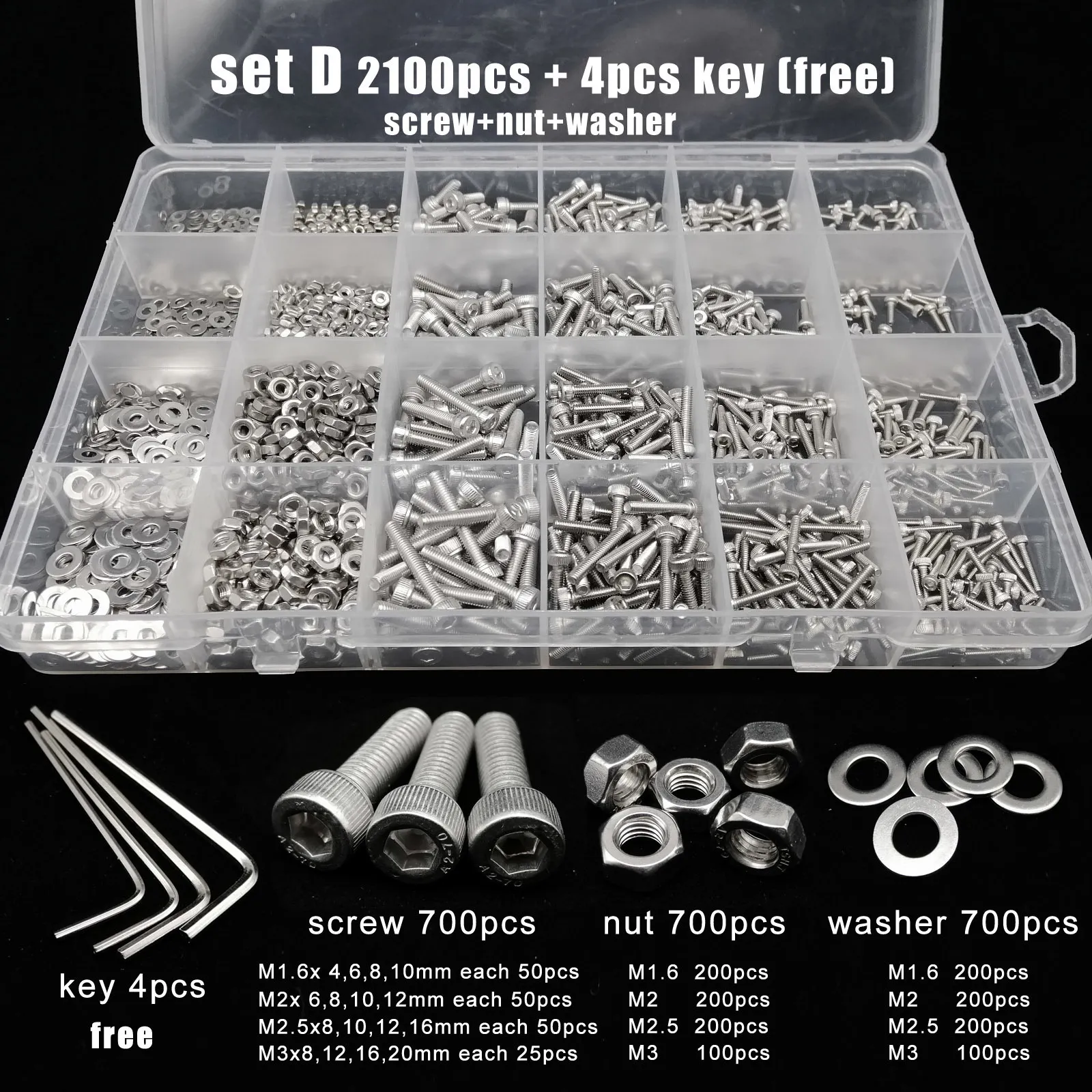 Totale parti utensile 40065011402100X M1.6 M2 M2.5 M3 M4 M5 304 acciaio inossidabile esagono esagono incassato vite testa bullone dado set assortimento kit 230419