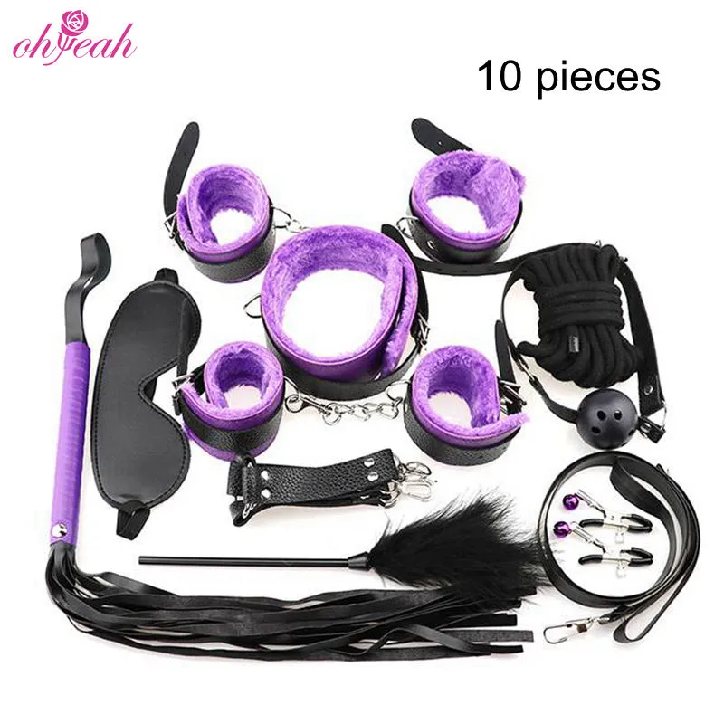 Bondage Prezzo di fabbrica SM Leopard Leather Sex Adult BDSM 10 pezzi di lusso Bondage Set Toys