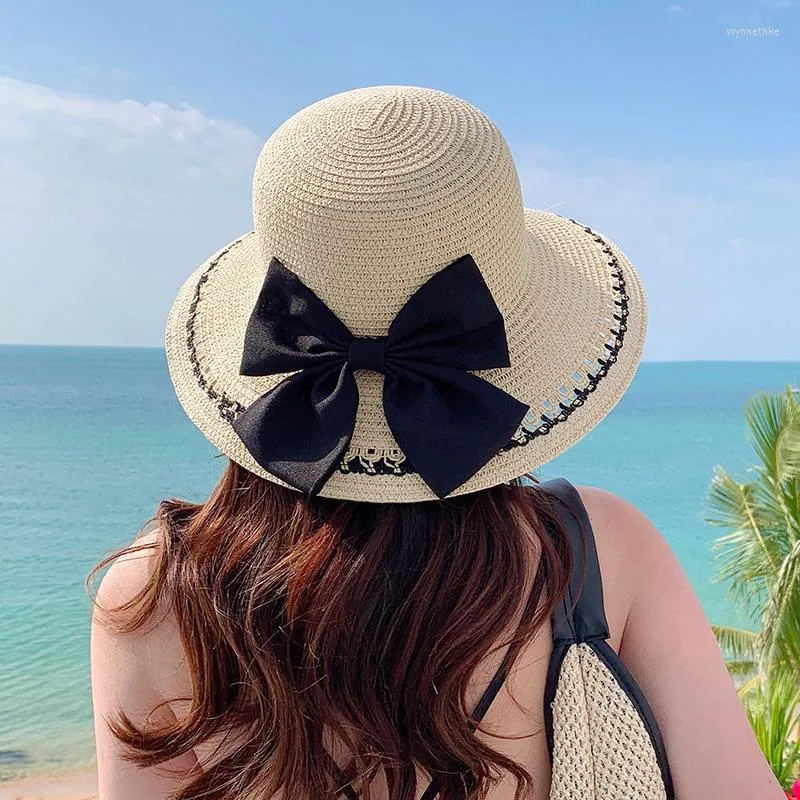 Wide Brim Hats Fashionable Women's Summer High-quality Bow Straw Hat Outdoor Beach Big-brimmed Sun Visor