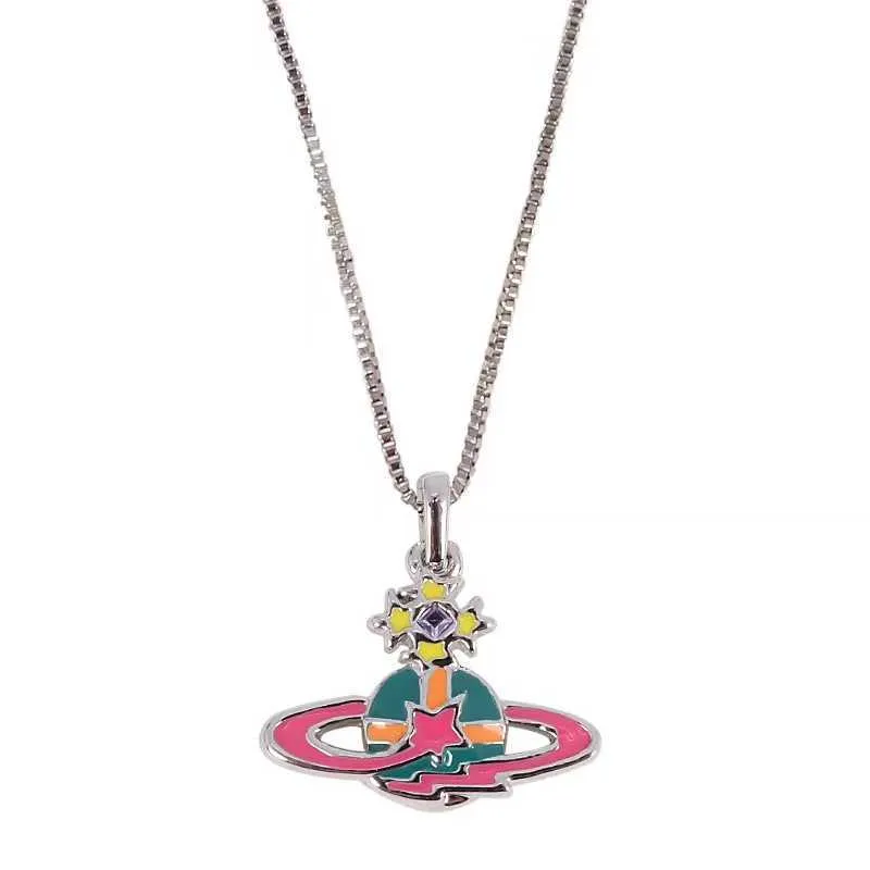 Nanaspace - Colored Paint Flat Small Meteor Saturn Necklace Large Diamond Sweater Chain Exaggerate Modern