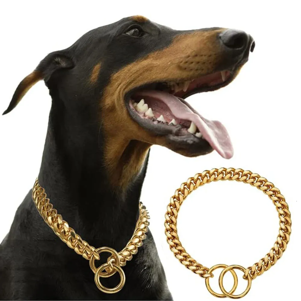 Dog Collars Leashes 18K Gold Chain Dog Collar 10MM Cuban Link Chain Stainless Steel Metal Links Walking Training Collar for Small Medium Large Dogs 230419