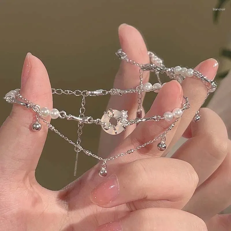 Bracelets à maillons couleur argent pour femmes, cloche en Jade, Simple, Double couche, chaîne de perles irrégulières, bijoux cadeau, 2023