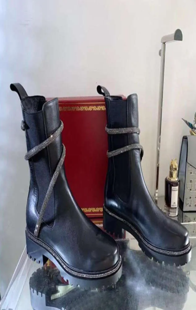 rhinestone Snake Strass Wraparound chunky half boots Black leather womens low heel Martin Boots heavy duty luxury designer brands 831577067