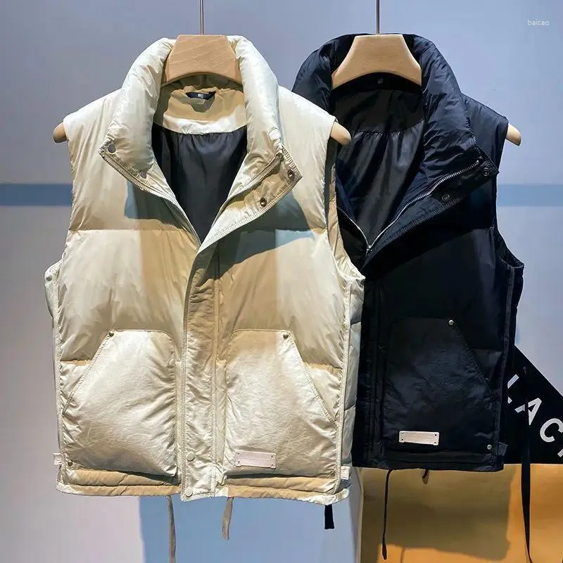 Coletes masculinos coreano parka colete moda 2023 zíper suporte pescoço sem mangas jaqueta elegante cor sólida masculino tendência parkas colete