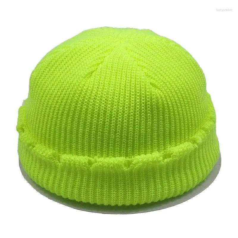 Berets Homens Mulheres Curto Shabby Cuff Beanie Holes Plain Knit Cap Quente Chapéus de Inverno Neon Amarelo Verde Preto Azul Rosa