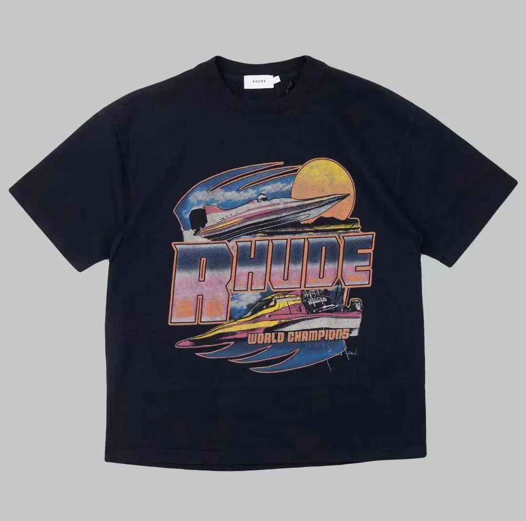 Diseñador de ropa de moda Camisetas Camisetas Rhude Sunset Champion Yacht Manga corta American High Street Crowd Design Hombres Mujeres Camiseta suelta Tops Streetwear