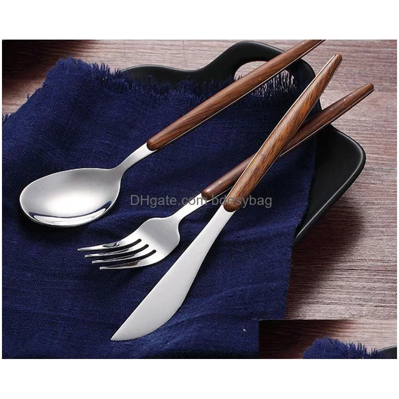 wooden handle 304 stainless steel flatware cutlery set with box silver dinnerware tableware fork knife spoon lx1471