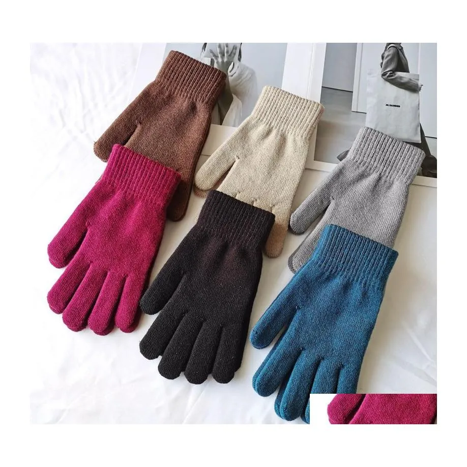 Children'S Finger Gloves Thicken Warm Winter Elastic Knitting Fl Glove Solid Color Man Lady Outdoor Mountain Bike Mittens C3 Drop De Dhp36