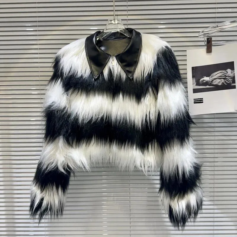 PREPOMP – veste courte en fourrure pour femme, manches longues, col en Faux cuir Pu, rayée noire et blanche, collection hiver 2023, GM690