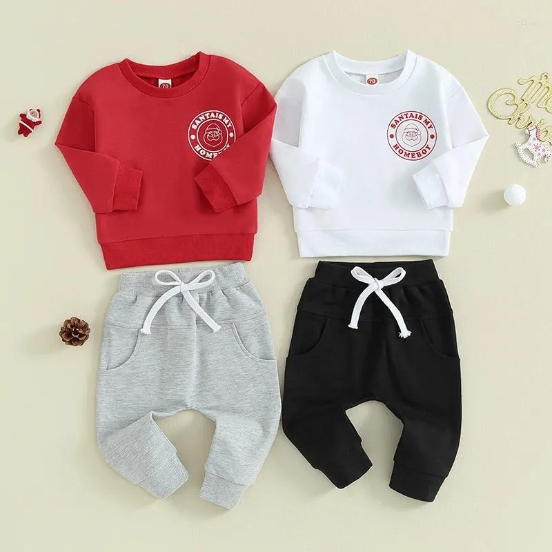 Kledingsets 2023-09-22 Lioraitiin 0-3Y Kind Baby Jongens Kerstoutfits Lange mouw Kerstman Letterprint Trui en broek Set Peuter