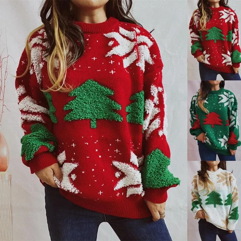 Women's Sweaters 2023 Winter Matching Knitting Christmas Family Jumpers Warm Thicken Casual Knitwear Xmas Tree Print Wool Pullover