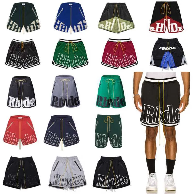 Roupas de grife curtas e casuais Rhude High Street Trend Brand Loose Sports Duas Cores Patchwork Listras Cropped Shorts Homens Casais Joggers Roupas Esportivas