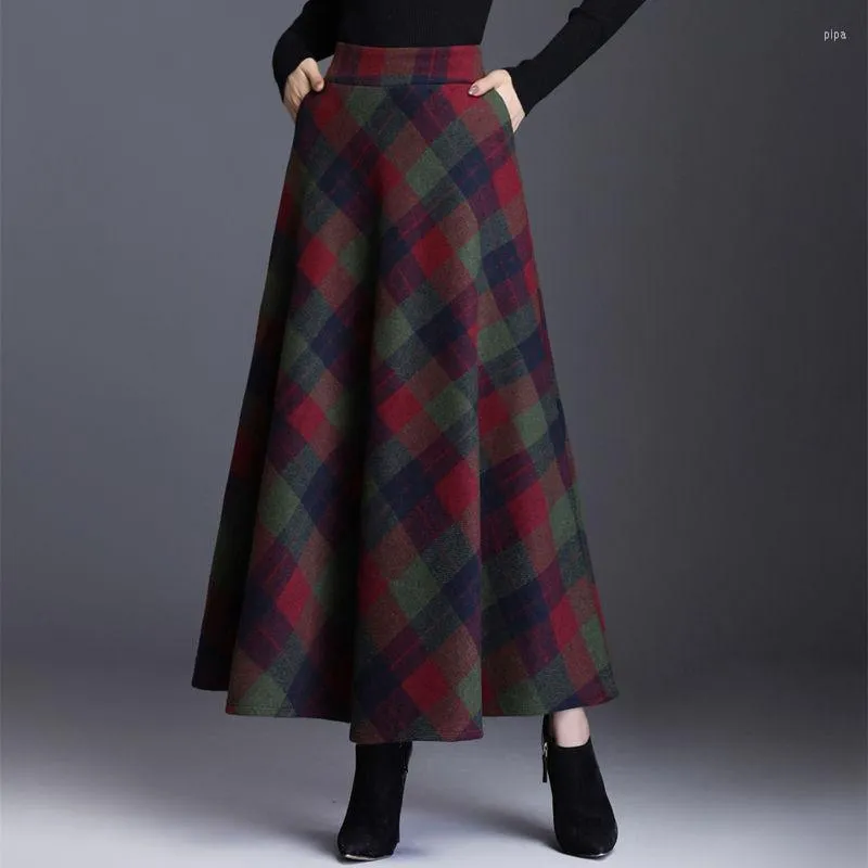 Skirts Plaid Tall Waist Long For Women Autumn Winter Elegant Korean Fashion Maxi Skirt Mom Plus Size 3xlcasual Loose Wool