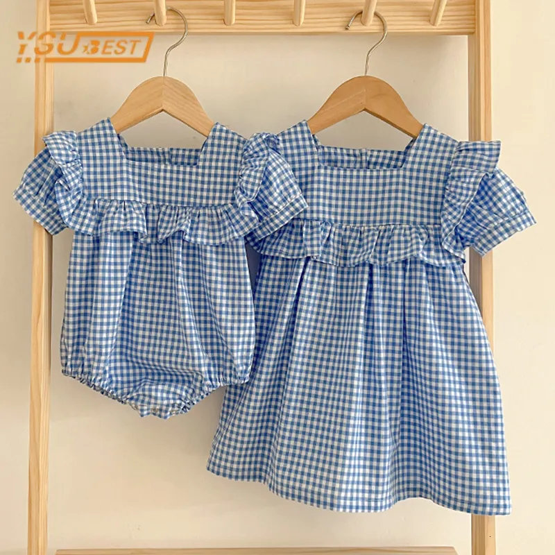 Rompers born Toddler Baby Girls Grid Jumpsuit Summer Sweet Baby Girls Short Sleeve Kids Princess Dress Girls Sister Clothes 230421