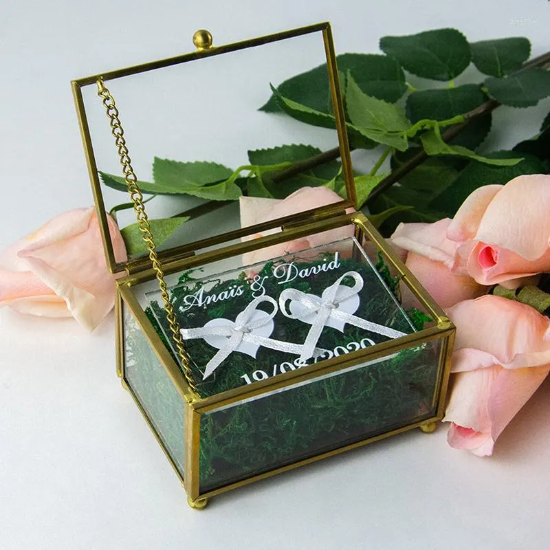 Partydekoration Benutzerdefinierte Hochzeit Verlobungsring Box Ewige Blume Moos Glasträger Geschenk Quadratisch Rustikal Zart