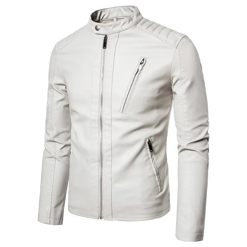 Chaquetas para hombres Primavera Otoño Chaqueta de cuero de motocicleta para hombre Chaquetas con cuello de soporte sólido Moda Casual Tendencia Abrigo a prueba de viento blanco Ropa de calle 231120