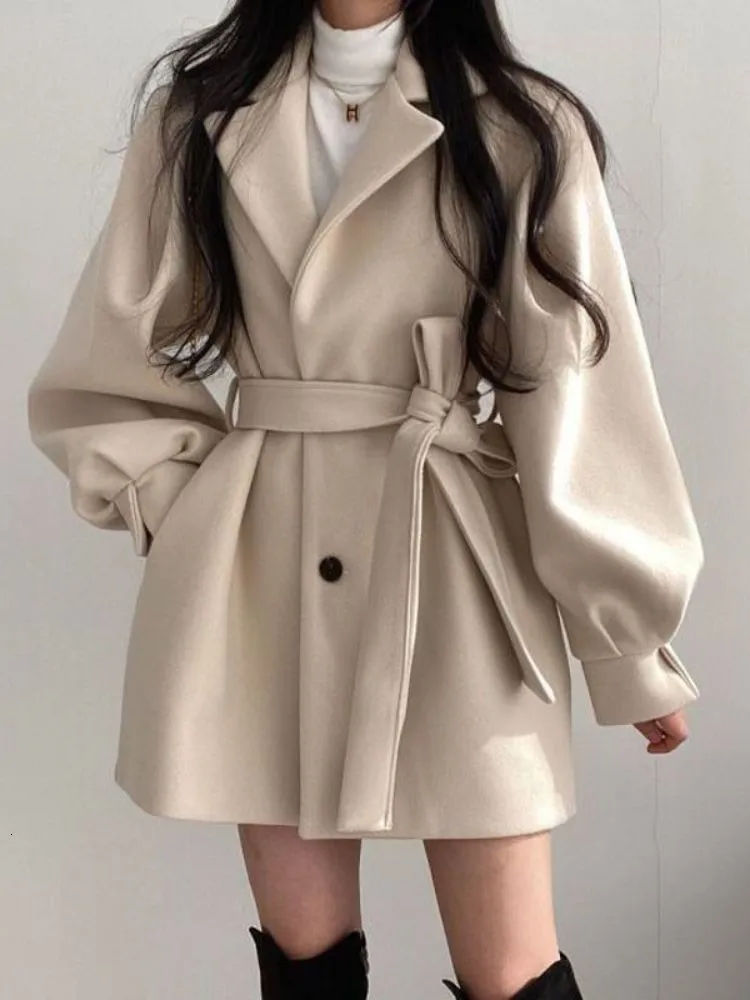 Women's Wool Blends Winter Jacket Women Wool Coat MIDI Style Trench Coat for Women Turn-down Collar Lace-up Tweed Jacket Korean Fashion Office Lady