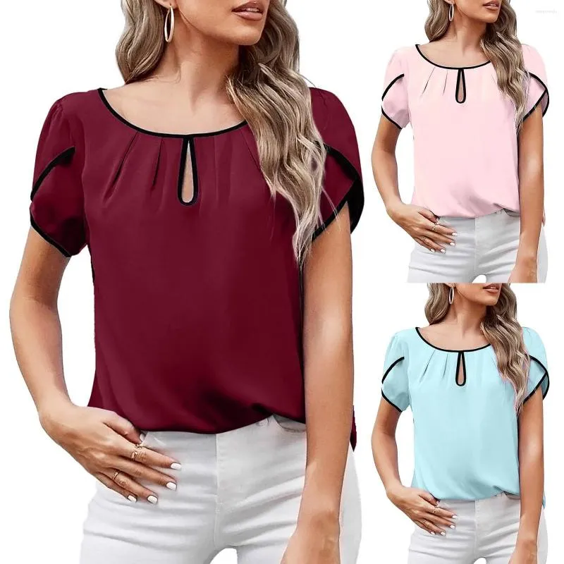 Women's Blouses Women's Casual Summer Pleated Petal Cap Sleeve Round Neck Keyhole Loose Shirt Top Classic Elegant Work Blouse Pullover