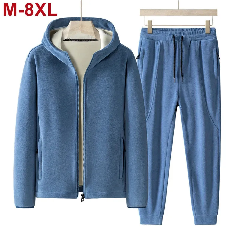 Herrspårspost Plus Size 7xl 8xl 2st Tracksuit Set Winter Warm Polar Fleece Liner Jacket Pants Set Men Casual Thick Sportswear Clothes 231121