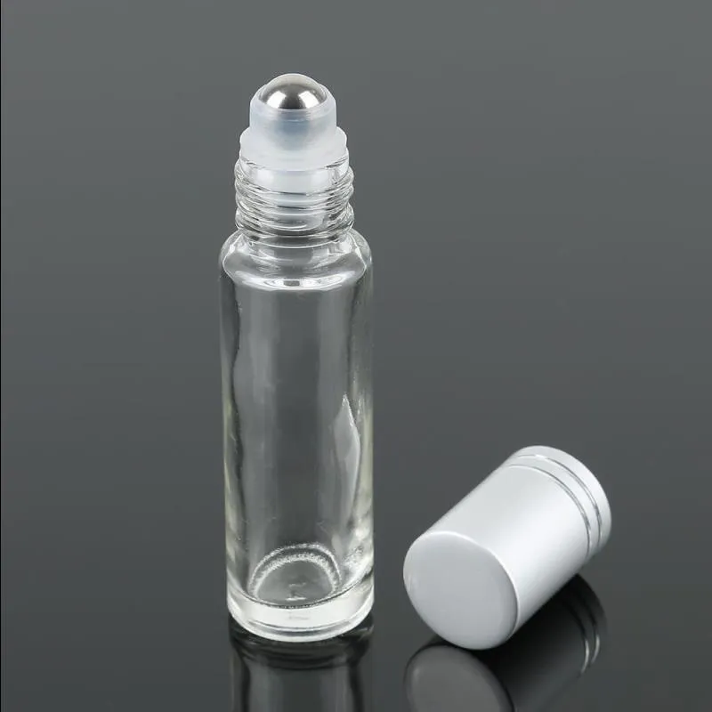 Bouteilles à roulettes en verre transparent pour huiles essentielles rechargeables de 10 ml, bouteilles d'huiles essentielles de parfum avec rouleau en acier inoxydable et argent Qnat