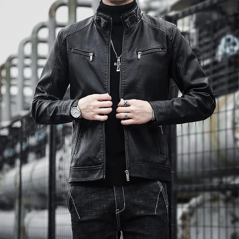 Mens slim fit top leather motorcycle jacket