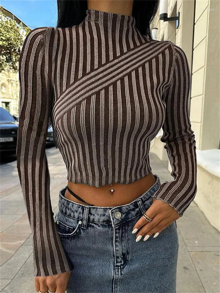 Women's T Shirts 2024 Casual Stripe Autumn Winter Turtleneck Sweater Women Y2K Distressed Vintage Clothes Slim Knit Crop Pullover Jumpers