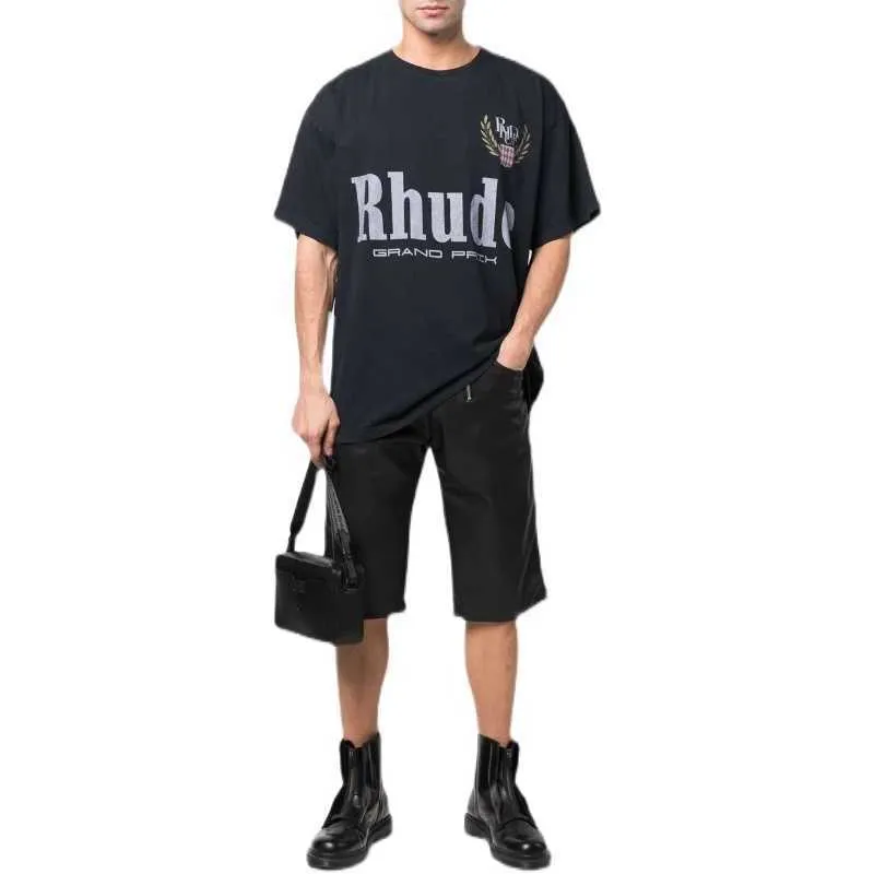 Designer modekläder T-shirts Tshirts 2022 Sommar Nytt Rhude Ear Letter Lös Casual Kortärmad T-shirt Herr Kvinnor Toppar Streetwear Hiphop Sportkläder