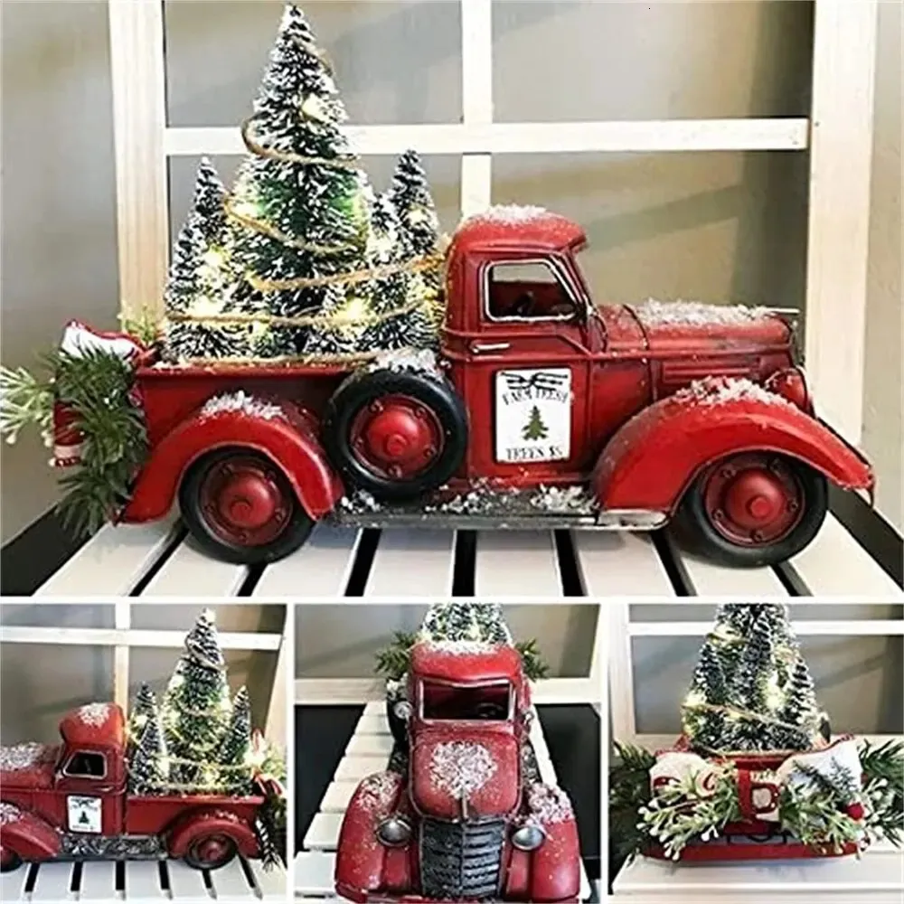 Kerstversiering Vrachtwagen Rode Boerderij Decoratie Vintage Metalen Pick-up Automodel met Bomen voor Thuis 231120