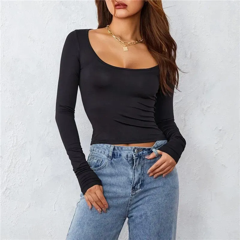 Women's T Shirts Slim Fit T-Shirt Women Long Sleeve Scoop Neck Solid Color Black Red Yellow Stretchy For Casual Crop Tops