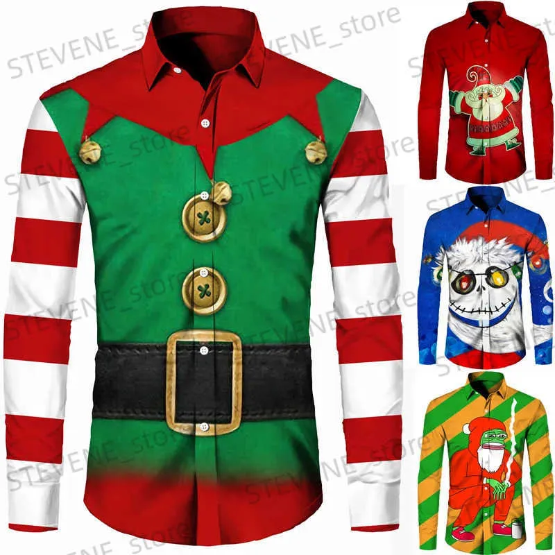 Mäns avslappnade skjortor Novelty Christmas Party Show Shirts Men's Funny 3D Print Short/Long Sleeve Single Breasted Tops Par New Year Holiday Clothing T231121