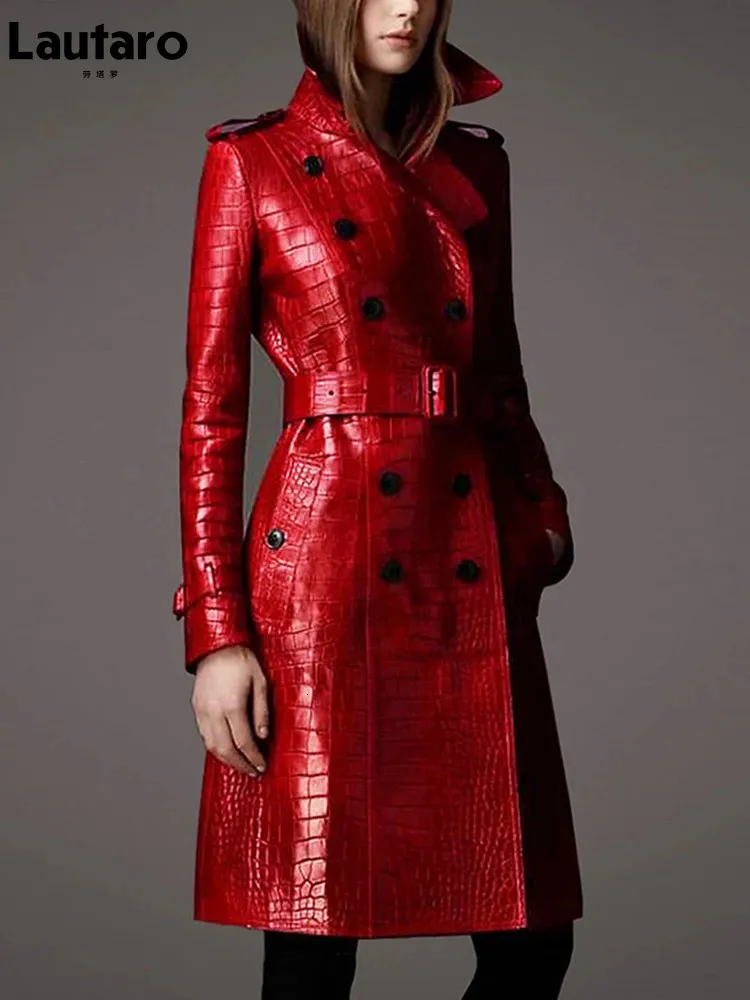 여자의 가죽 가짜 lautaro 가을 가을 긴 빨간 프린트 트렌치 코트 여성 벨트 더블 가슴 우아한 영국 스타일 패션 231120